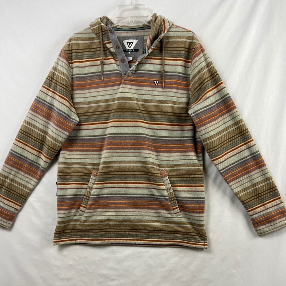 Vissla Fleece Hoodie Mens Medium Brown Orange Striped Surfer SkaterBeach